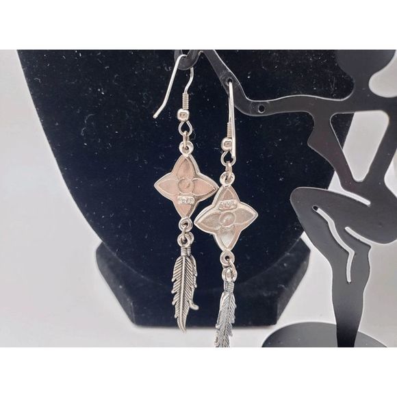 Silver-tone and Turquoise Green/Red Star w/Feathers Earrings - 3" inches - Picture 2 of 4